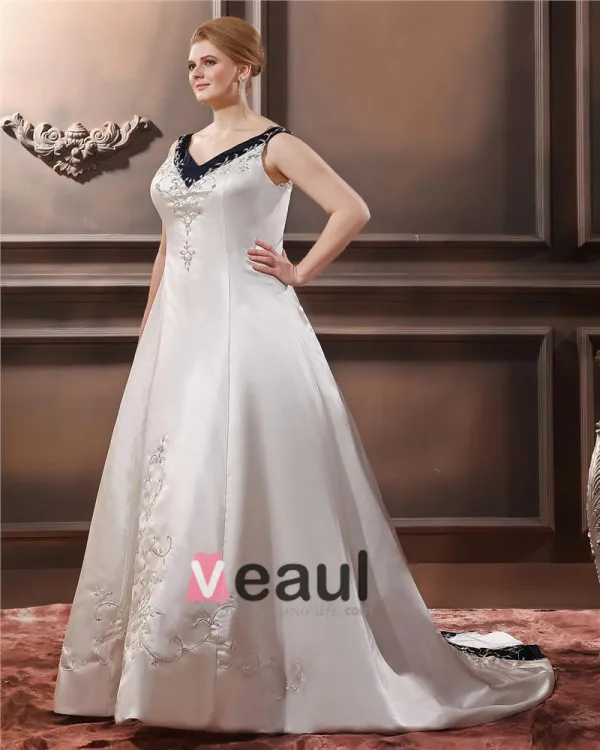 A-ligne Col En V Balayage Satin De Broderie Sans Manche Plus La Robe De Mariée De Taille