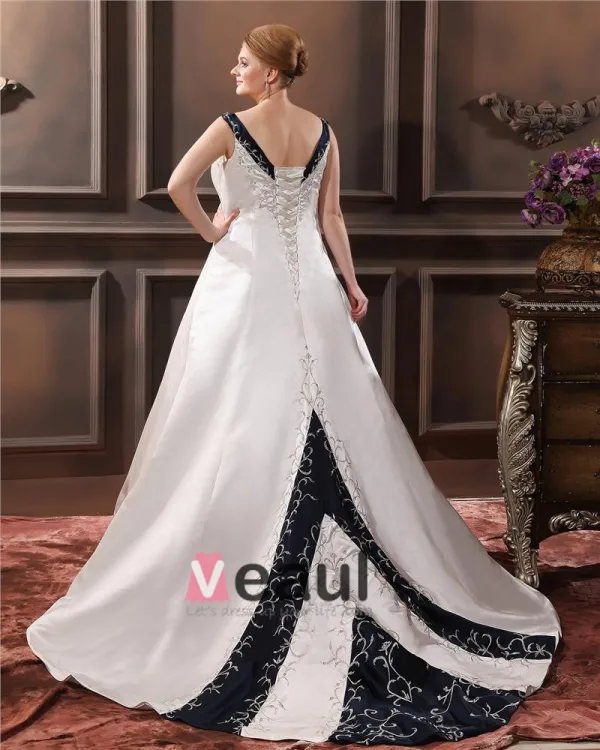 A-ligne Col En V Balayage Satin De Broderie Sans Manche Plus La Robe De Mariée De Taille