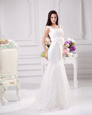 Noeud Elegant Perles Boule Etage Longueur Tribunal Satin Fil Dentelle Robe De Mariée Fourreau