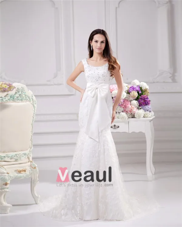 Elegant Bow Beading Scoop Floor Length Court Train Satin Yarn Lace Sheath Wedding Dress