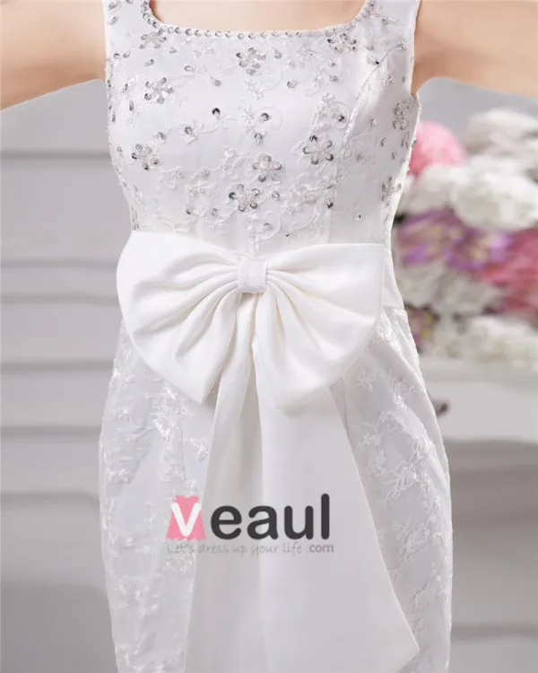 Elegant Bow Beading Scoop Floor Length Court Train Satin Yarn Lace Sheath Wedding Dress