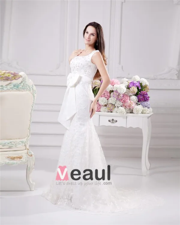 Elegant Bow Beading Scoop Floor Length Court Train Satin Yarn Lace Sheath Wedding Dress