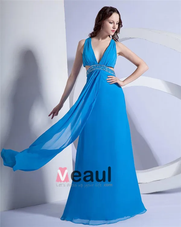 Chiffon Beading V Neck Ankle Length Evening Dresses