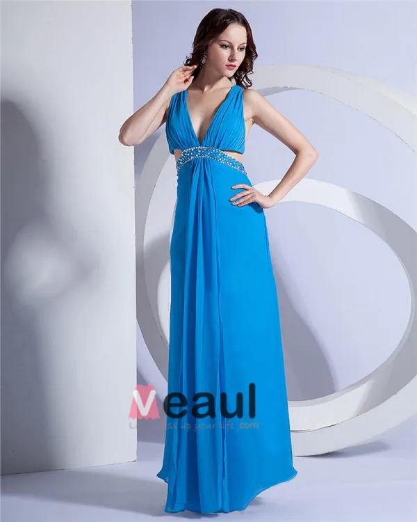 Chiffon Beading V Neck Ankle Length Evening Dresses