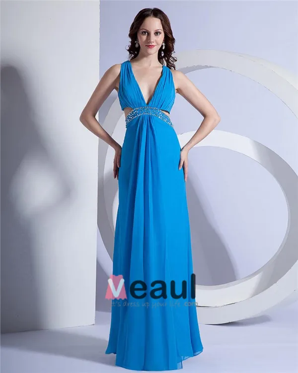 Chiffon Beading V Neck Ankle Length Evening Dresses