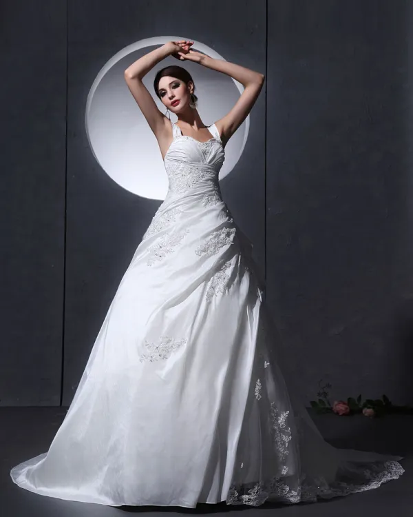 Taffeta Tulle Ruffle Applique Baldric Chapel A-Line Bridal Gown Wedding Dresses