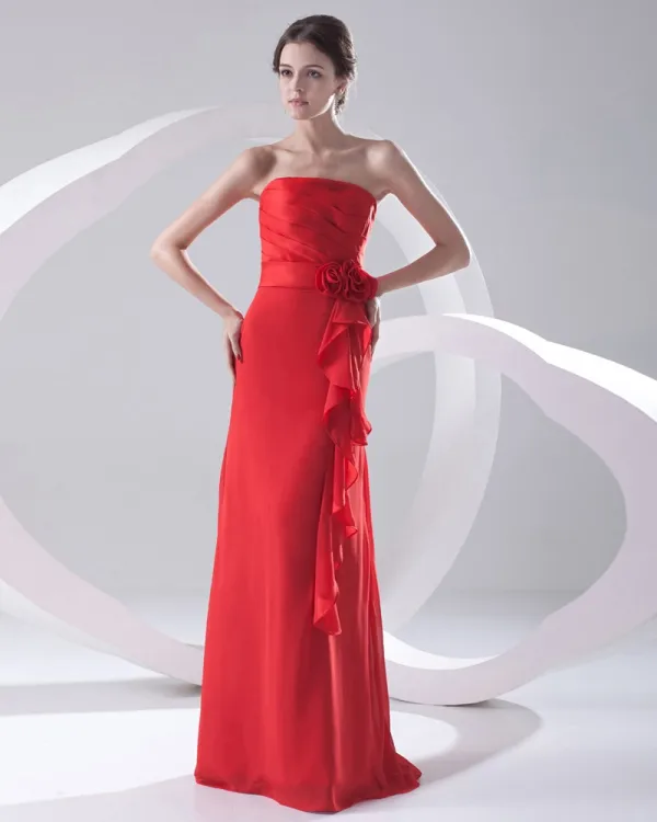 Mote Chiffon Plissert Ruffle Blomster Stroppelos Ermelos Gulv Lengde Brudepikekjoler