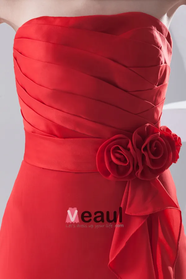 Mode Mousseline De Soie Plissee Fleurs A Volants Etage Robe De Demoiselle D'honneur De Longueur Sans Manches Bretelles