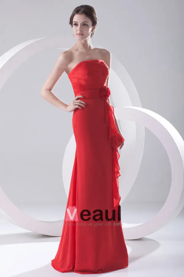 Mode Mousseline De Soie Plissee Fleurs A Volants Etage Robe De Demoiselle D'honneur De Longueur Sans Manches Bretelles