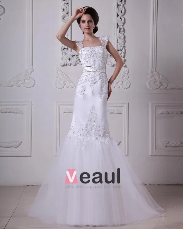 Stylish Sweep Satin Lace Square Mermaid Wedding Dress