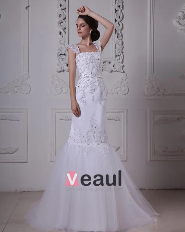 Stylish Sweep Satin Lace Square Mermaid Wedding Dress