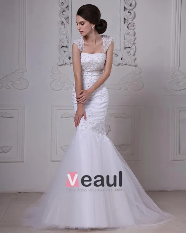 Stylish Sweep Satin Lace Square Mermaid Wedding Dress