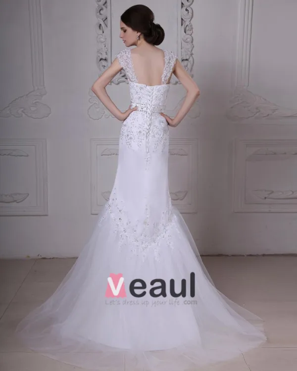 Stylish Sweep Satin Lace Square Mermaid Wedding Dress