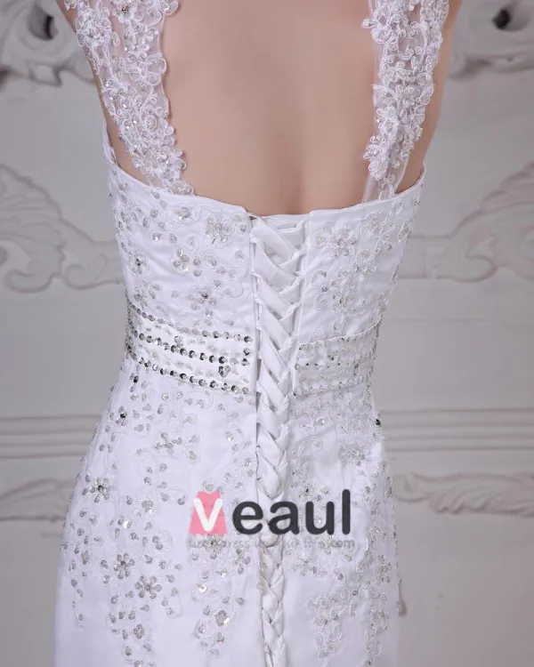 Stylish Sweep Satin Lace Square Mermaid Wedding Dress