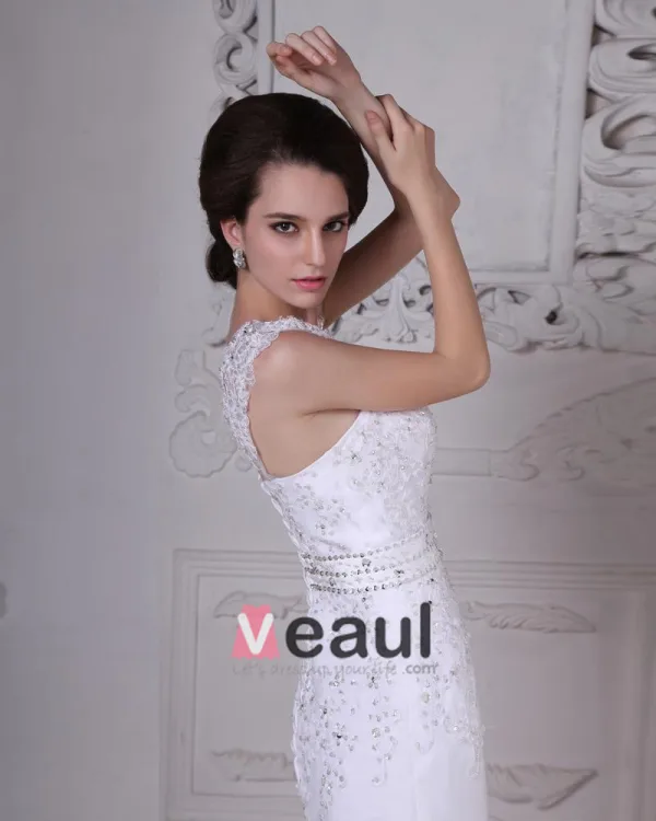 Stylish Sweep Satin Lace Square Mermaid Wedding Dress