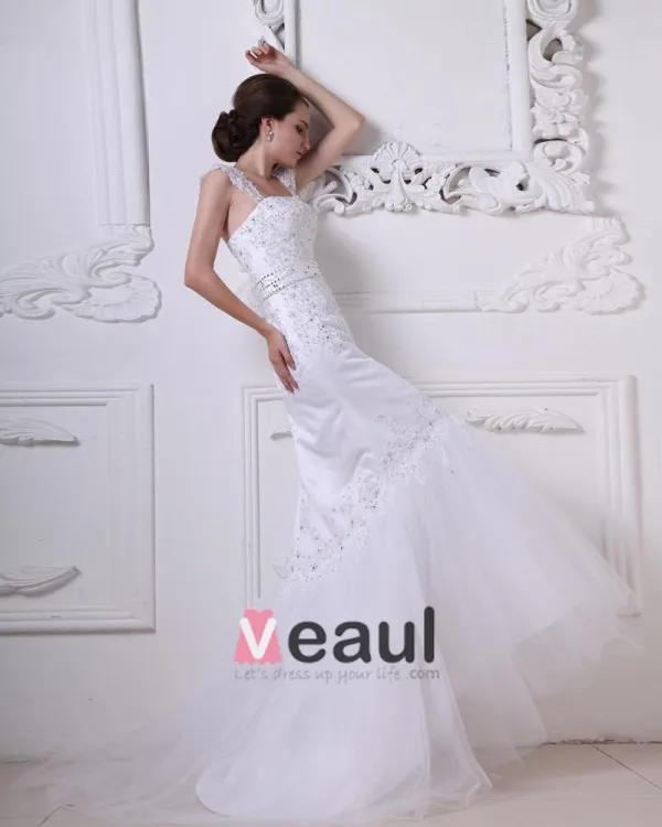 Stylish Sweep Satin Lace Square Mermaid Wedding Dress
