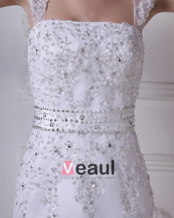Stylish Sweep Satin Lace Square Mermaid Wedding Dress