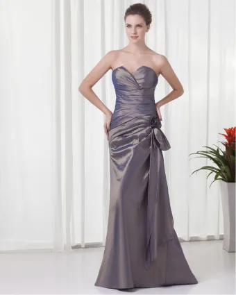 Elegant Ruffle Flower Decoration Sweetheart Floor Length Taffeta Bridesmaid Dress