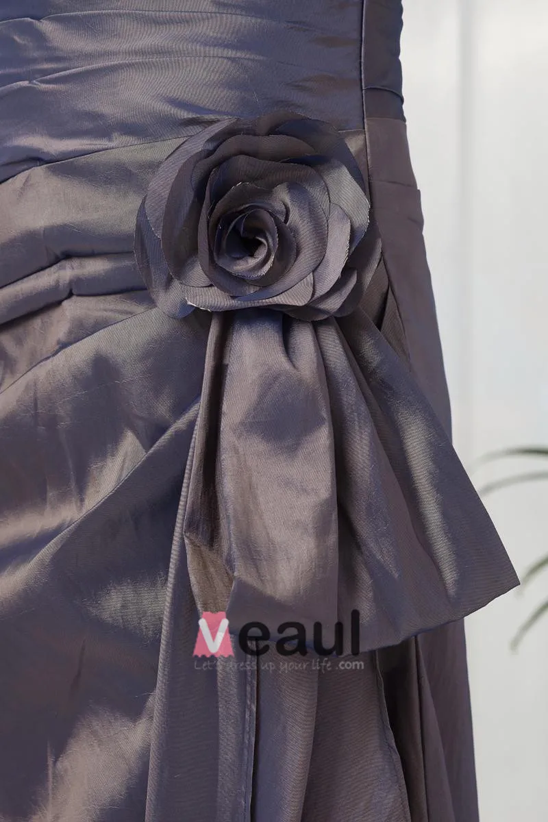 Elegant Krusning Blomsterdekorasjoner Kjaereste Gulv Lengde Taffeta Brudepikekjoler