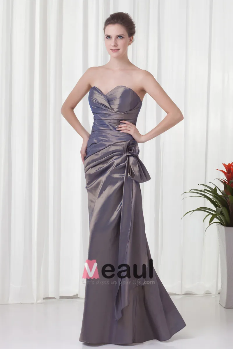 Elegant Krusning Blomsterdekorasjoner Kjaereste Gulv Lengde Taffeta Brudepikekjoler