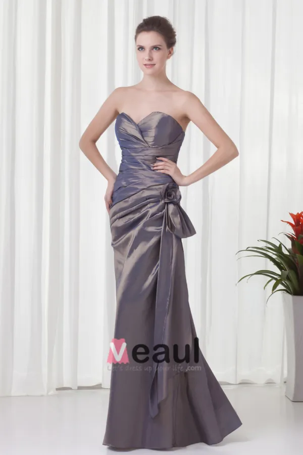 Elegant Ruffle Flower Decoration Sweetheart Floor Length Taffeta Bridesmaid Dress