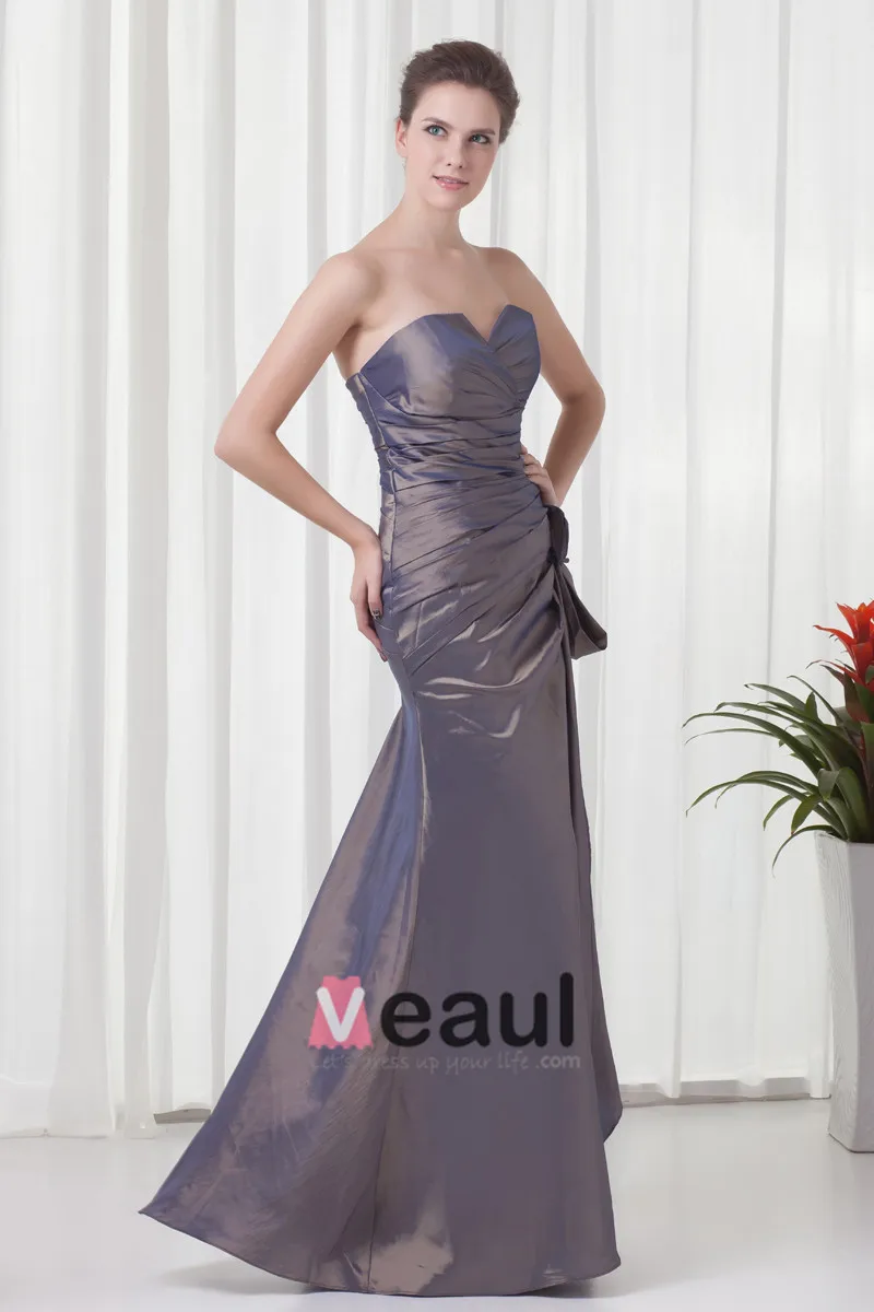 Elegant Krusning Blomsterdekorasjoner Kjaereste Gulv Lengde Taffeta Brudepikekjoler