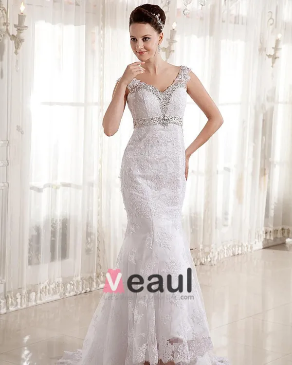 Lace V Neck Court Mermaid Bridal Gown Wedding Dress