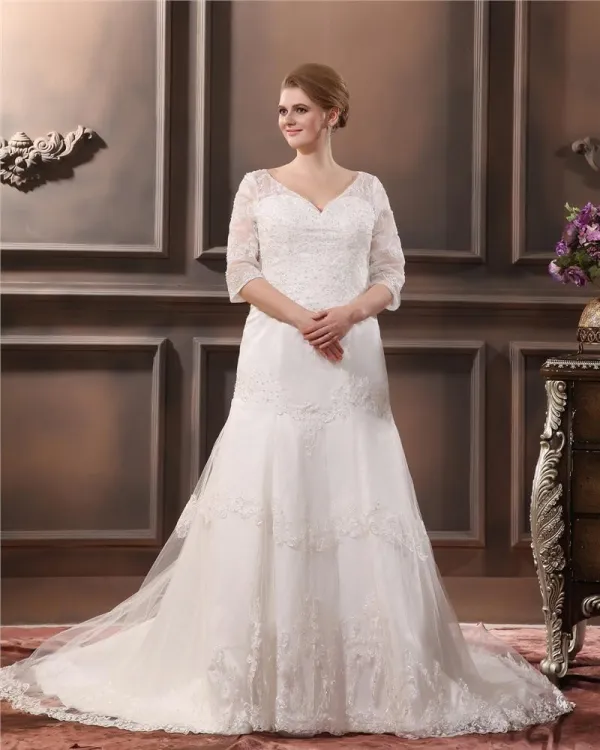 Spitze Applique Sicke V-ausschnitt In Übergröße Brautkleider Hochzeitskleid