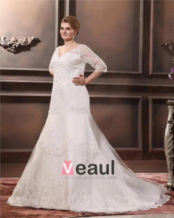 Applique De Lacet De Perles V Cou Plus La Taille Robe De Mariage Nuptiale Robe