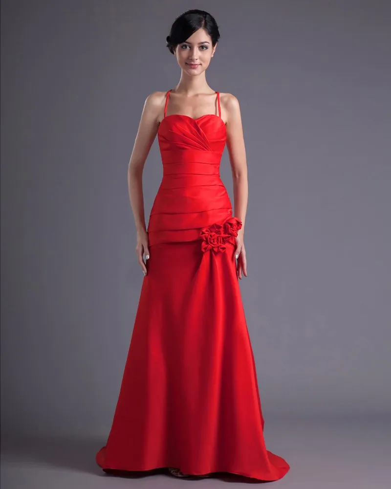 Mote Satin Plissert Blomst Spaghetti Stropp Gulv Lengde Brudepikekjoler