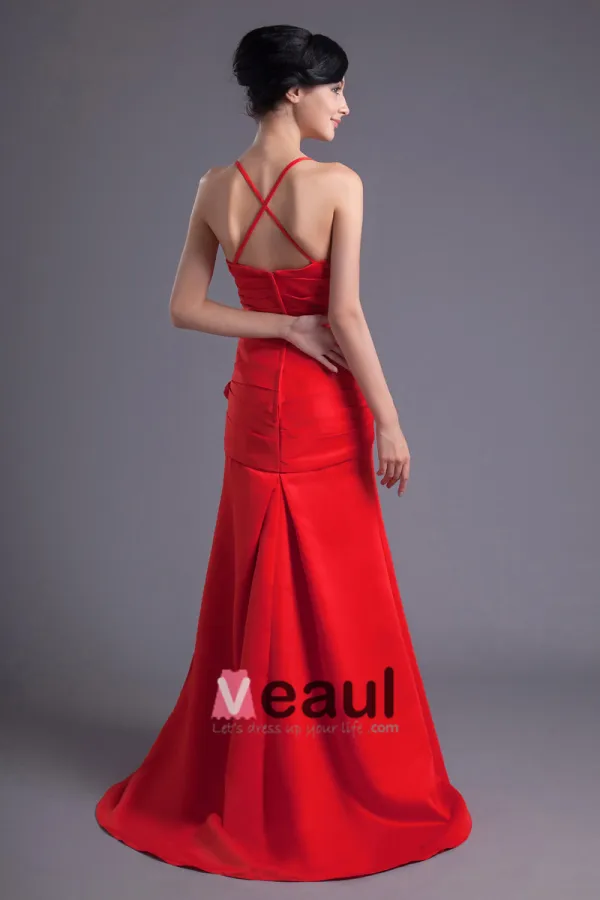 Fashion Satin Pleated Flower Spaghetti Strap Floor Length Bridesmaid Dress