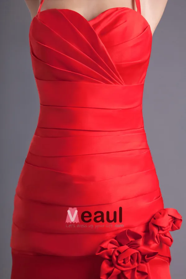 Fashion Satin Pleated Flower Spaghetti Strap Floor Length Bridesmaid Dress