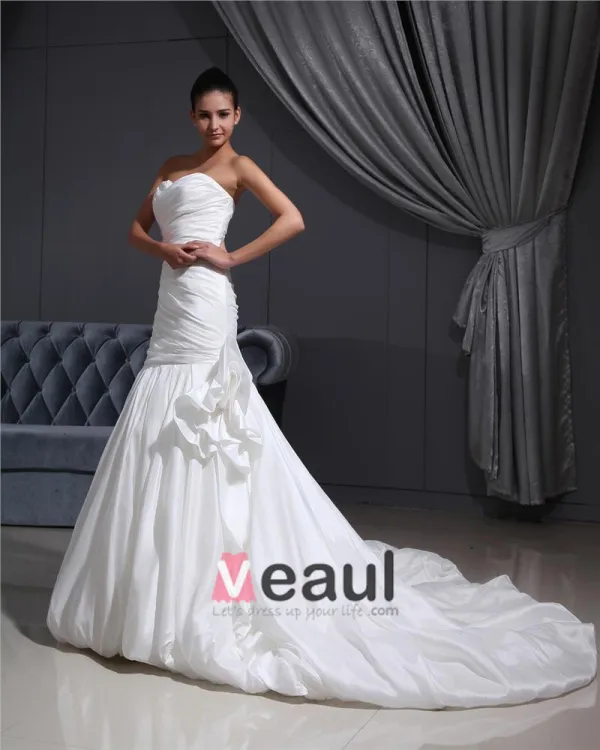 Taffeta Pleated Applique Sweetheart Cathedral Train Mermaid Wedding Dress