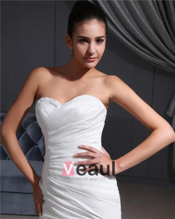 Taffeta Pleated Applique Sweetheart Cathedral Train Mermaid Wedding Dress
