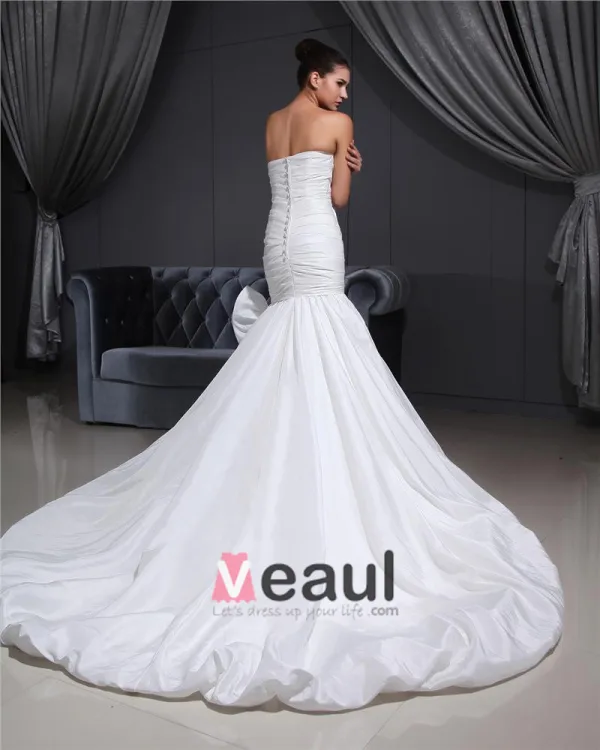 Taffeta Pleated Applique Sweetheart Cathedral Train Mermaid Wedding Dress