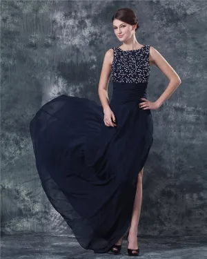 Chiffon Beading V Rygg Gulv Lengde Modre Av Bruden Gjester Kjoler