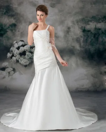 Taffeta Flower Ruffle Feather One Shoulder Court Train Sheath Wedding Dress