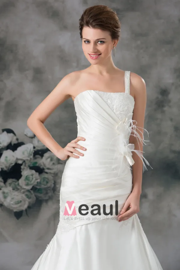 Taffeta Flower Ruffle Feather One Shoulder Court Train Sheath Wedding Dress