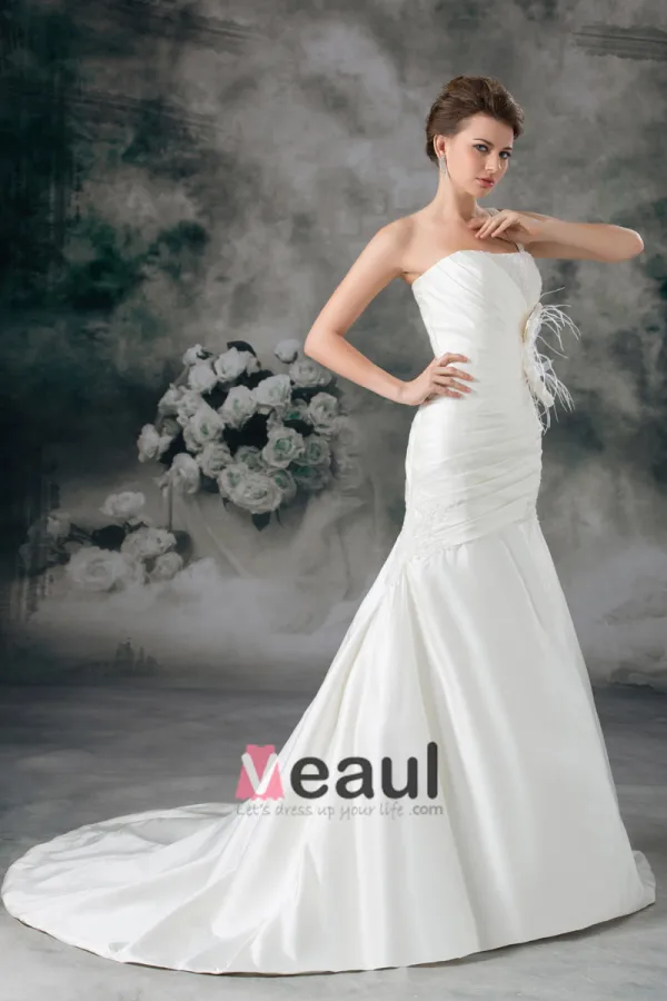 Taffeta Flower Ruffle Feather One Shoulder Court Train Sheath Wedding Dress