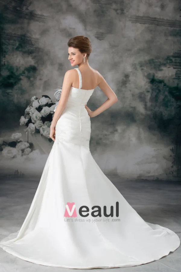 Taffeta Flower Ruffle Feather One Shoulder Court Train Sheath Wedding Dress