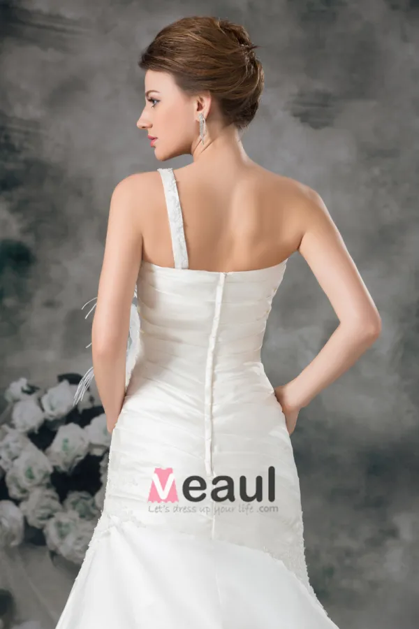 Taffeta Flower Ruffle Feather One Shoulder Court Train Sheath Wedding Dress
