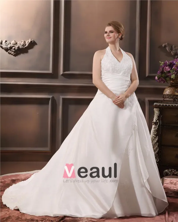 Satin Applique Halter Court Plus Size Bridal Gown Wedding Dresses