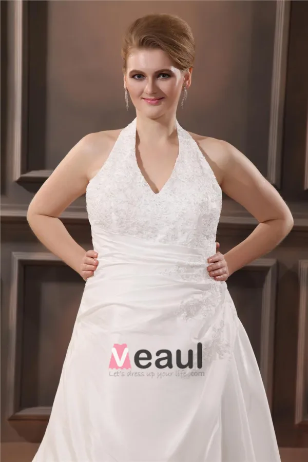 Satin Applique Halter Court Plus Size Bridal Gown Wedding Dresses