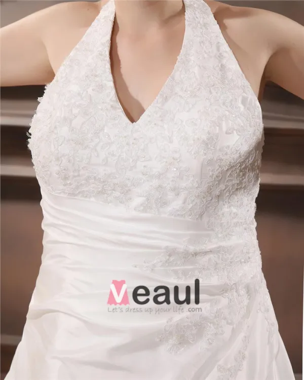 Satin Applique Halter Court Plus Size Bridal Gown Wedding Dresses
