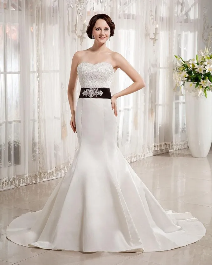 Satin Sweetheart Beading Gulv Lengde Havfrue Brudekjoler Bryllupskjoler