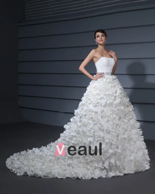 A-line Strapless Satin White Ruffles Wedding Dress Beaded Unique Weddi –  SELINADRESS