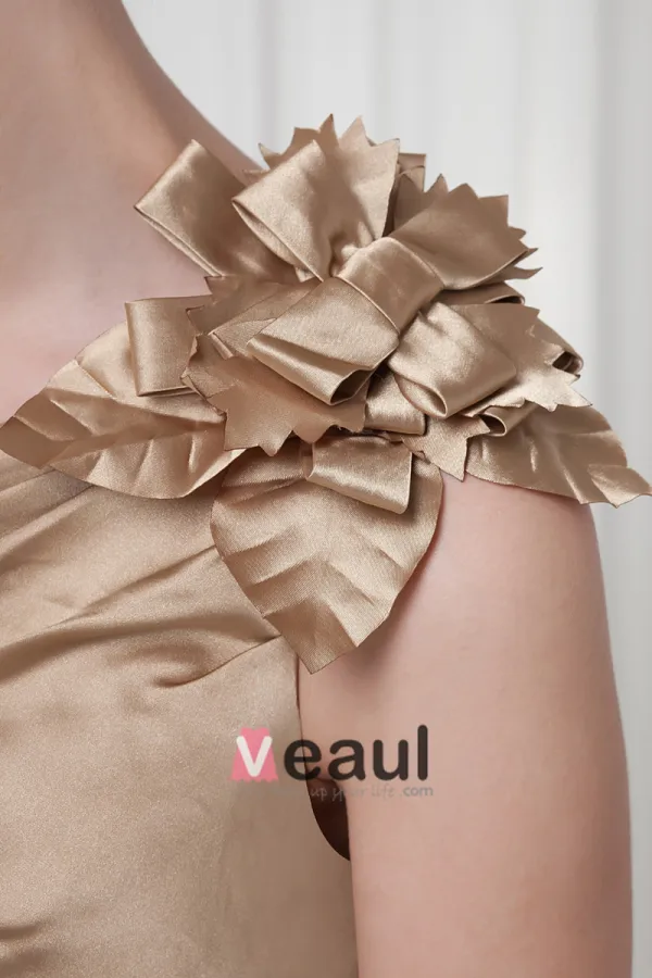 Elegant Ruffle Sloping Flower Decoration Floor Length Charmeuse Bridesmaid Dress