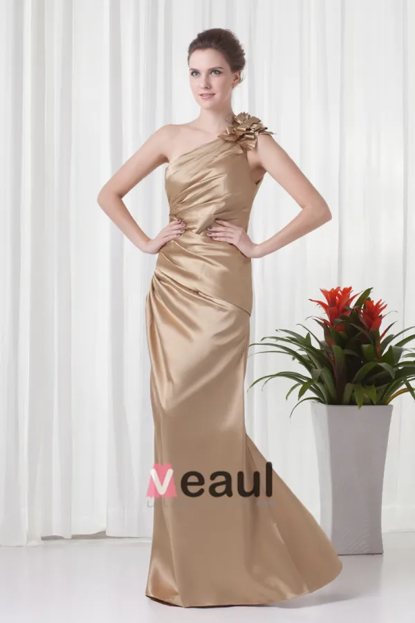 Elegant Ruffle Sloping Flower Decoration Floor Length Charmeuse Bridesmaid Dress