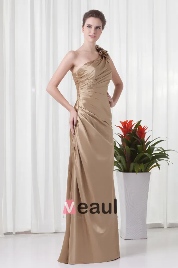 Elegant Ruffle Sloping Flower Decoration Floor Length Charmeuse Bridesmaid Dress