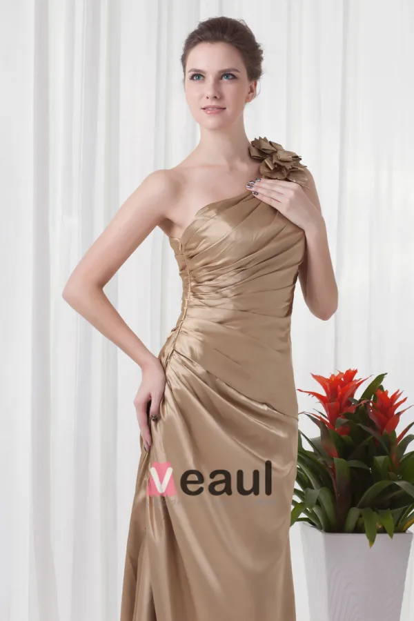 Elegant Ruffle Sloping Flower Decoration Floor Length Charmeuse Bridesmaid Dress